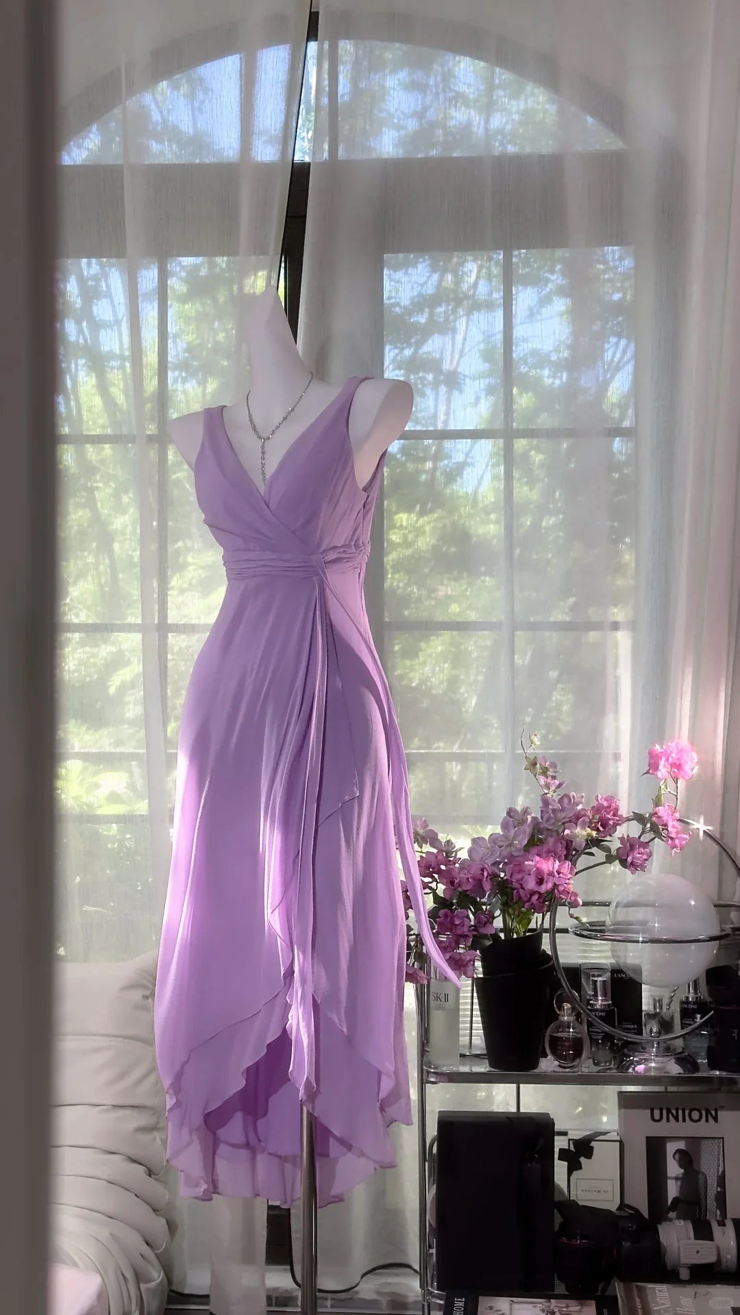 Romantic Wrap V-Neck Sleeveless Ruffled Lavender Chiffon Midi Party Dresses