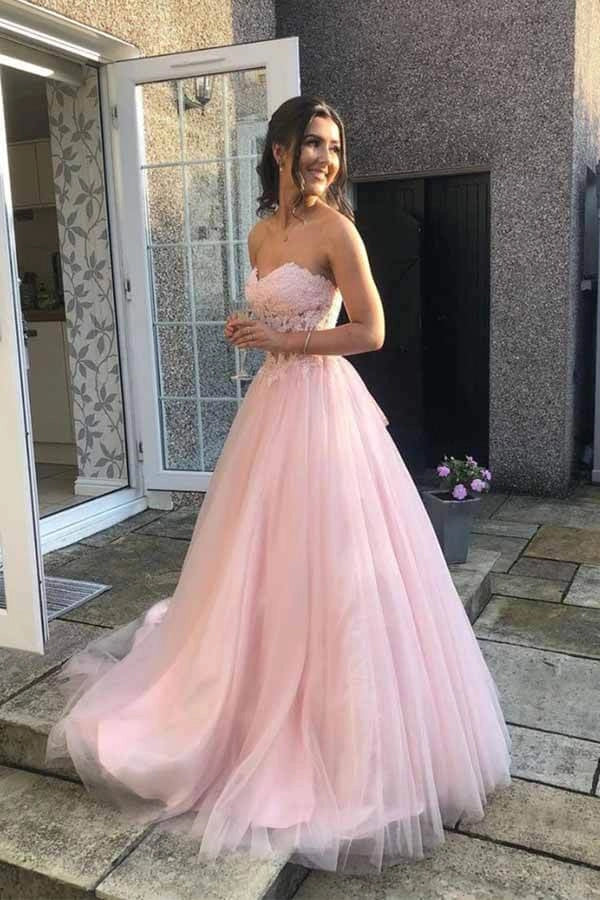 Romantic Strapless Lace-Up Pink Floor-Length Party Dress