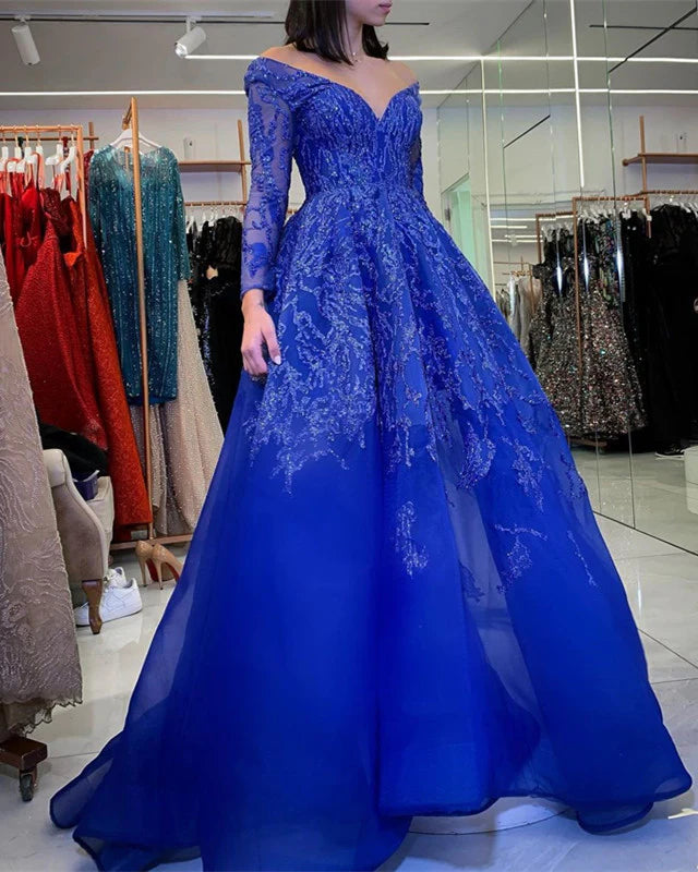 A-line Appliques Long Sleeves Tulle Prom Dresses