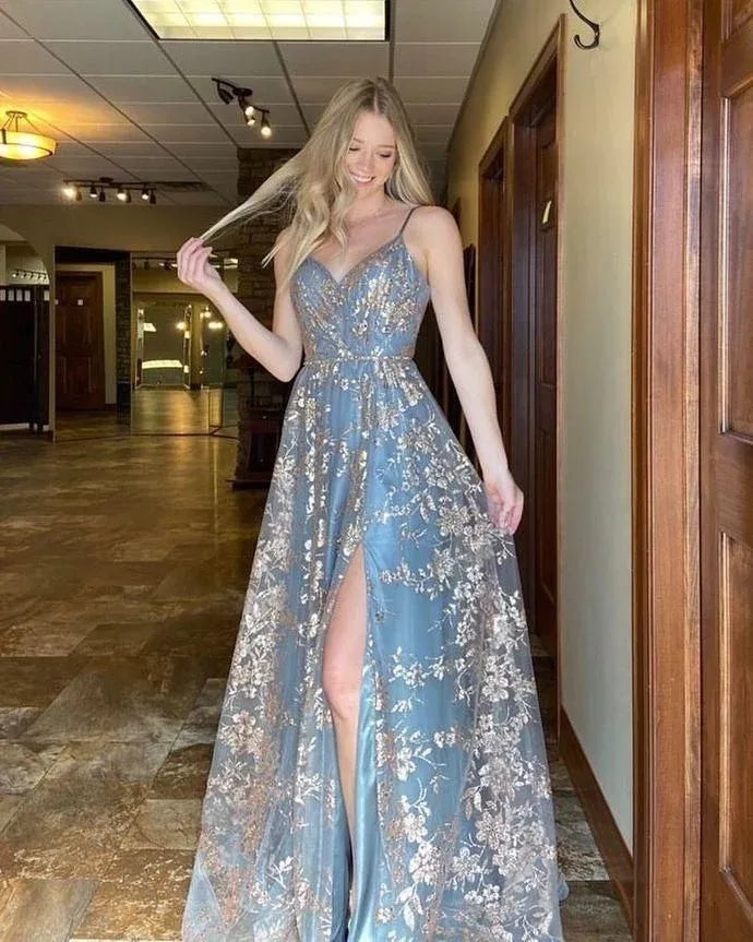 Sexy Ball Gown Spaghetti Straps Sleeveless Tulle Slit Floor-Length Prom Dress