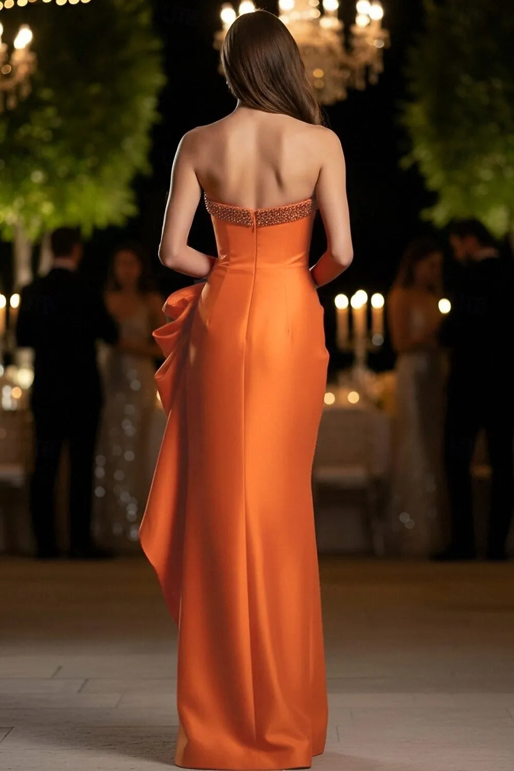 Sheath Strapless Beaded Ruffles Satin Orange Maxi Prom Dress With Slit