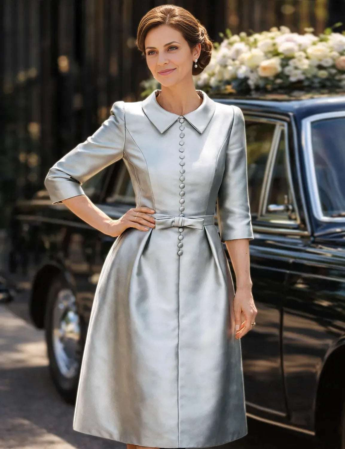 Sheath / Column Cocktail Dresses Minimalist Dress Fall Wedding Guest Dress Knee Length 3/4 Length Sleeve Shirt Collar Pocket Stretch Satin with Sash / Ribbon