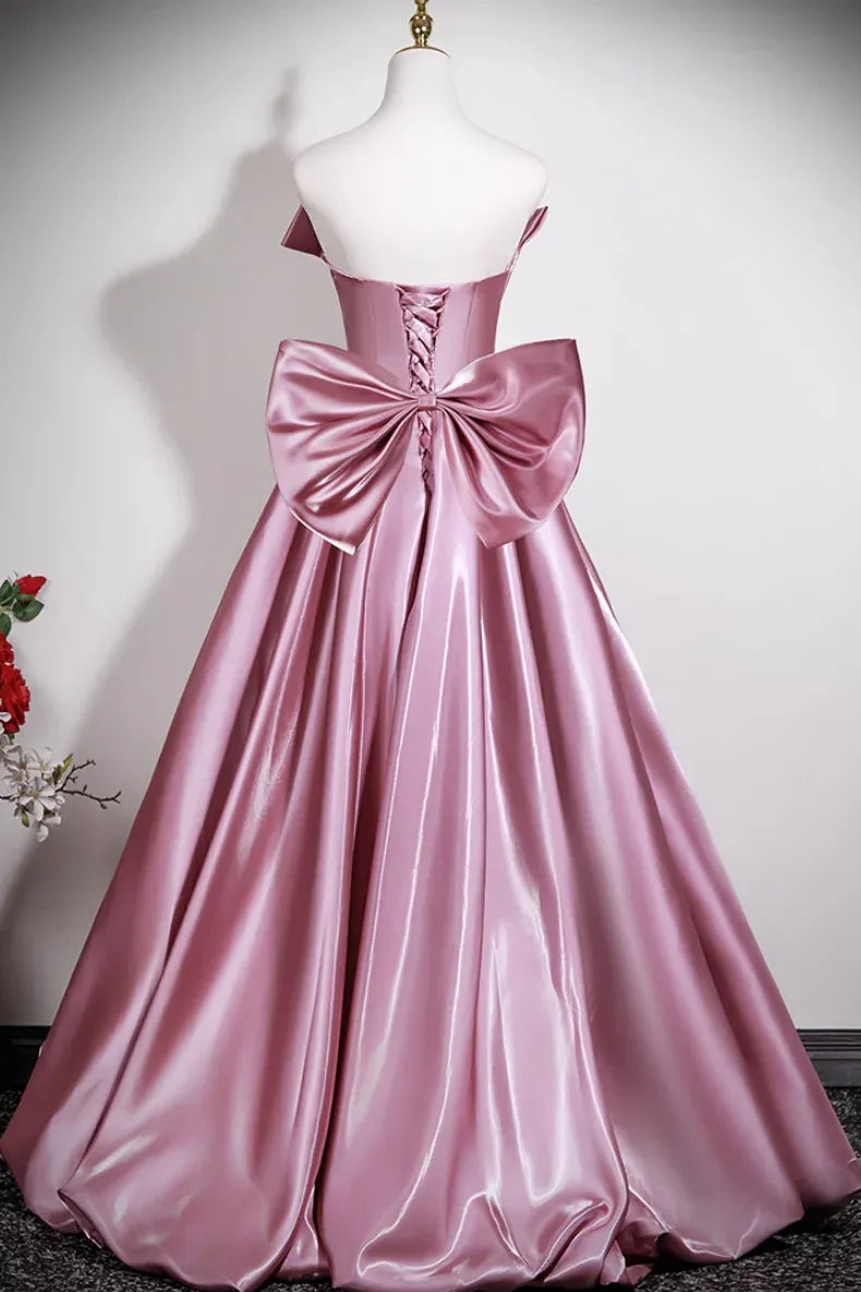 Shimmering A-line Strapless Sleeveless Bow Satin Floor-Length Prom Dress