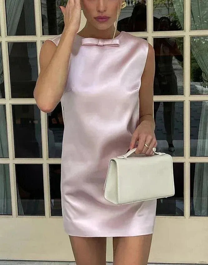 Simple A-Line Jewel Neck Sleeveless Bow Satin Short-Mini Homecoming Dress