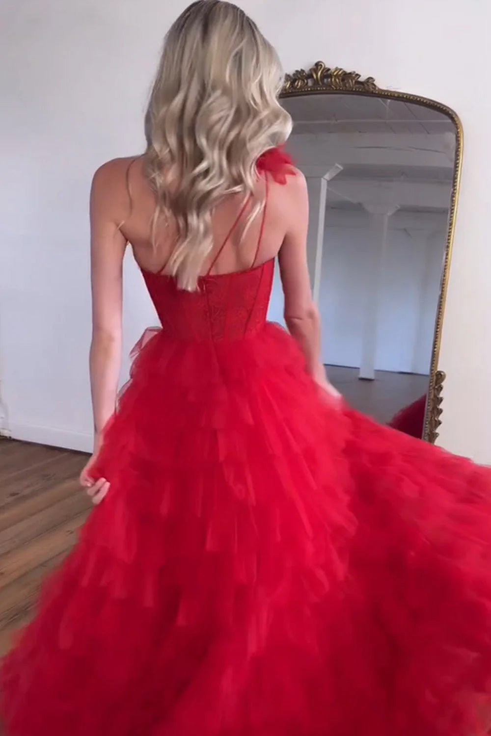 A-Line Simple One Shoulder Long Red Ruffle Prom Dress With Split