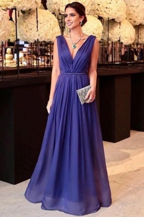 Simple A-Line V Neck Sleeveless V Back Floor-Length Prom Dress