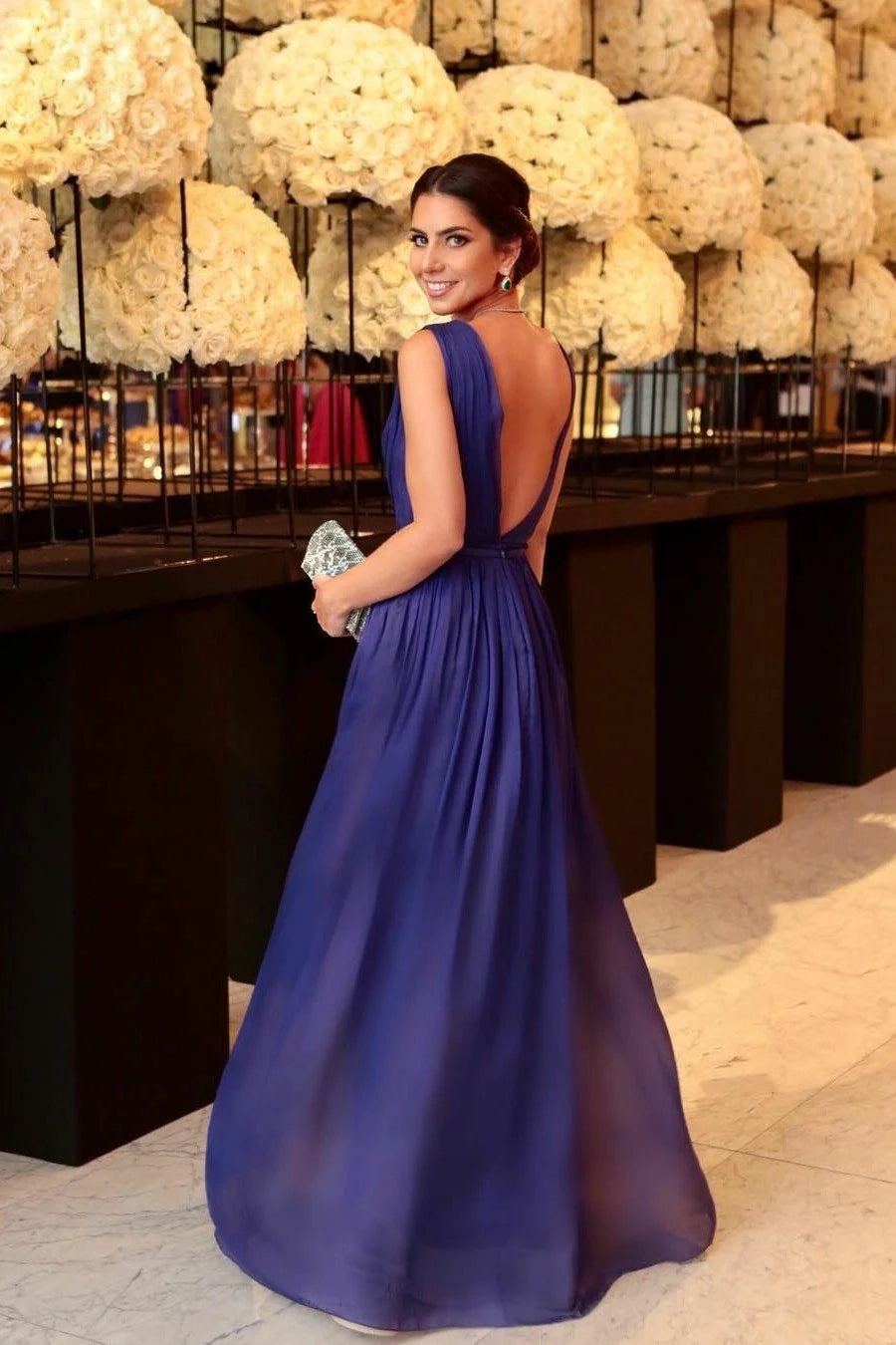 Simple A-Line V Neck Sleeveless V Back Floor-Length Prom Dress