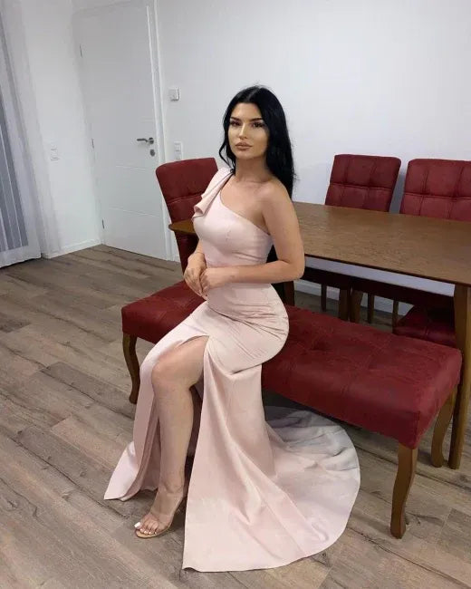 Simple Mermaid One Shoulder Sleeveless Backless Floor-Length Prom Dress