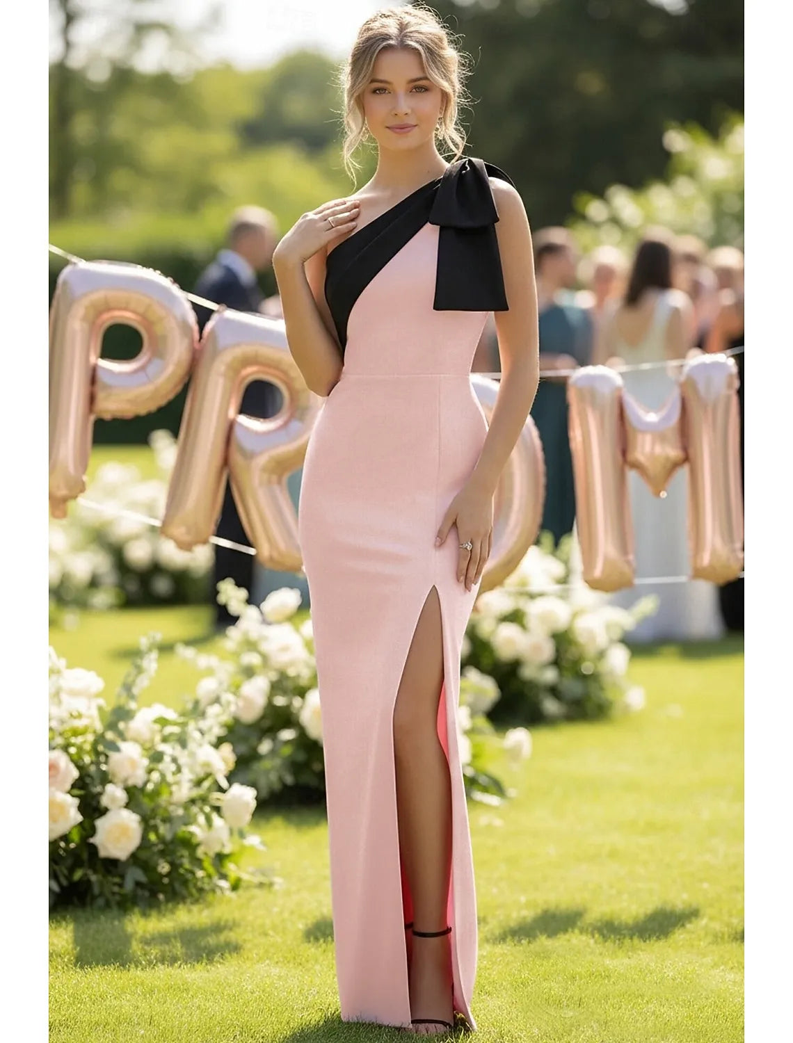 Simple stylish Sheath One-Shoulder Colorblock Bow Blush Slit Prom Dress