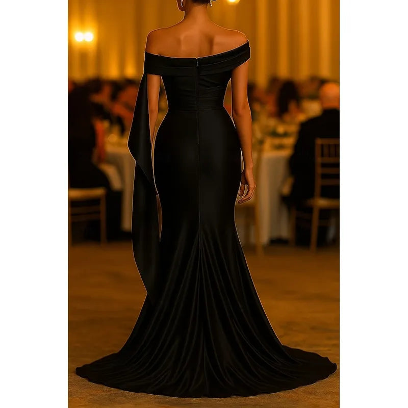 Sleek Mermaid Off Shoulder Ruched Draped Black Floor Length Prom Dress