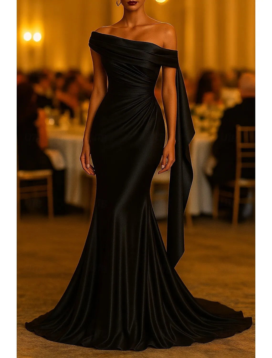 Sleek Mermaid Off Shoulder Ruched Draped Black Floor Length Prom Dress