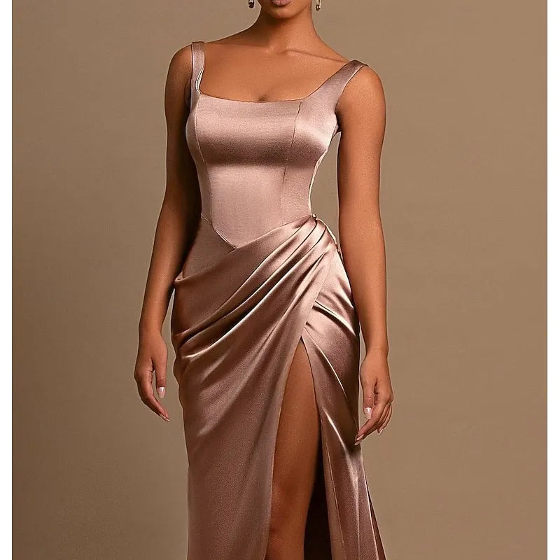 Sleek Sheath Square Neck Ruched Slit Dusty Rose Train Prom Dress