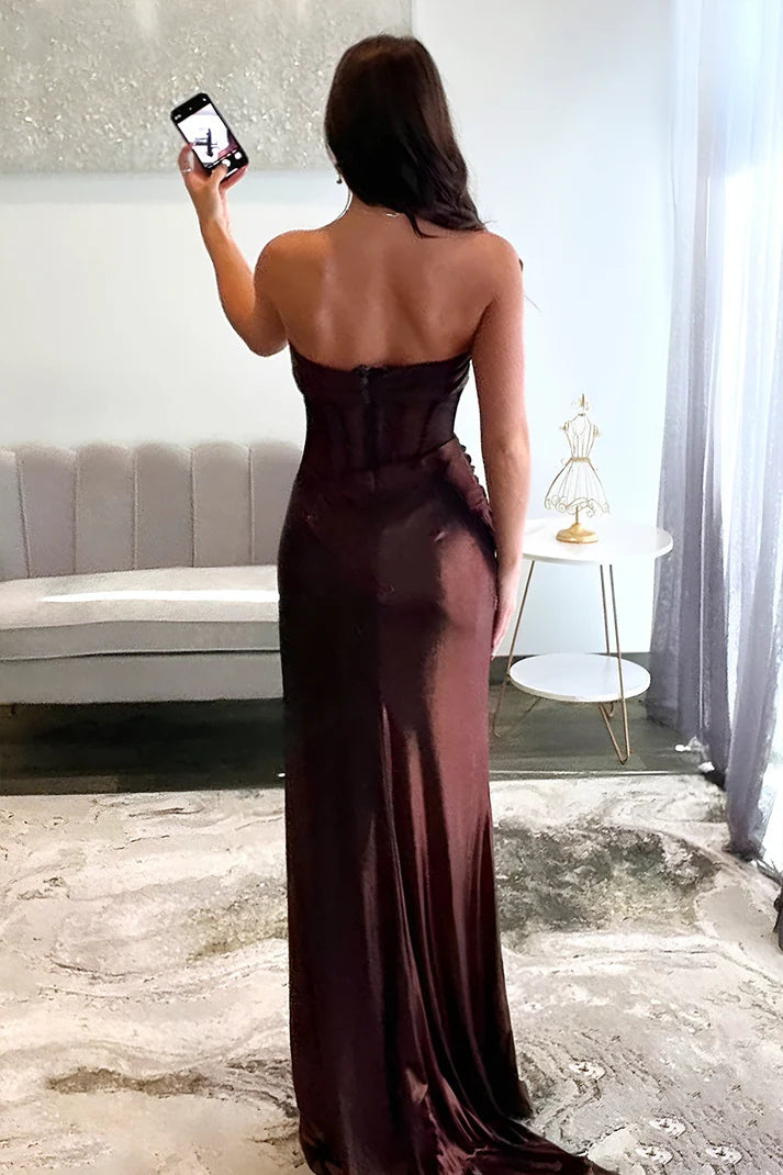 Sleeveless Mermaid Strapless Long Brown Satin Metallic Floor Length Prom Dresses With Hight Slit