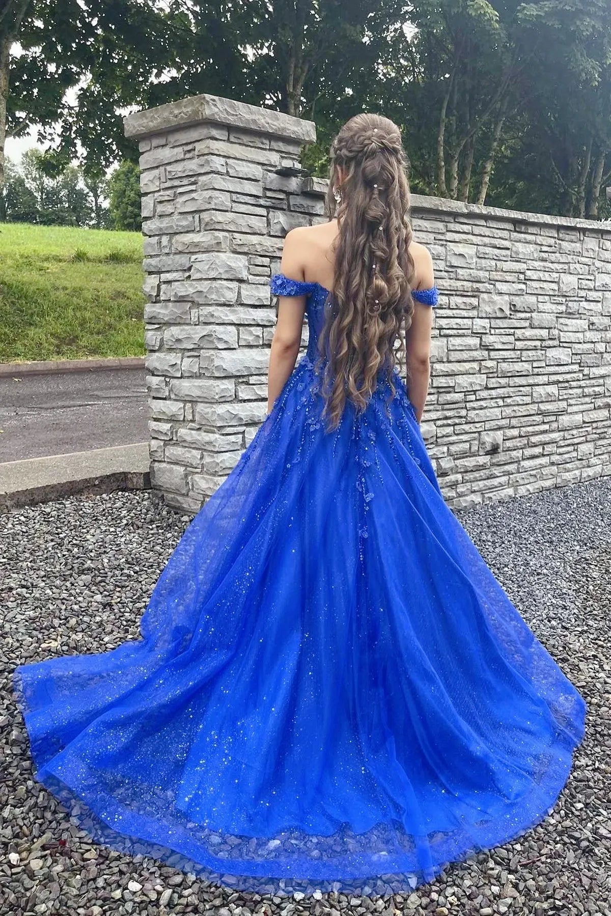 Sophisticated A-line Off-the-Shoulder Sleeveless Tulle Lace Up Floor-Length Prom Dress