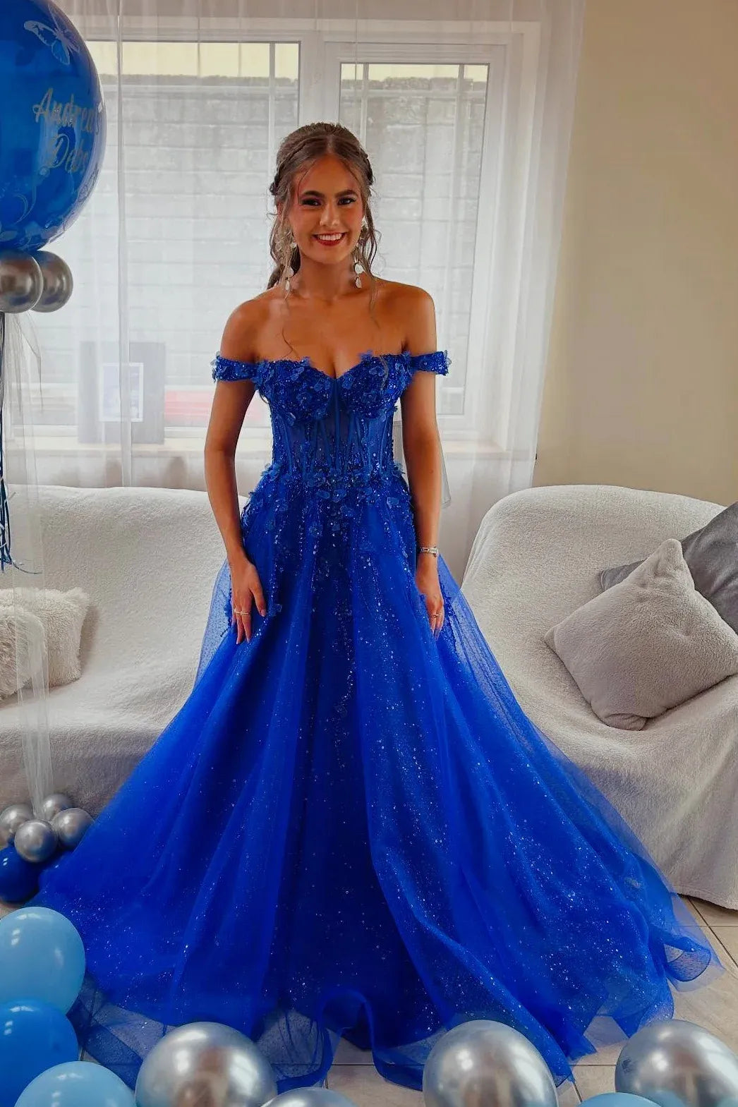 Sophisticated A-line Off-the-Shoulder Sleeveless Tulle Lace Up Floor-Length Prom Dress