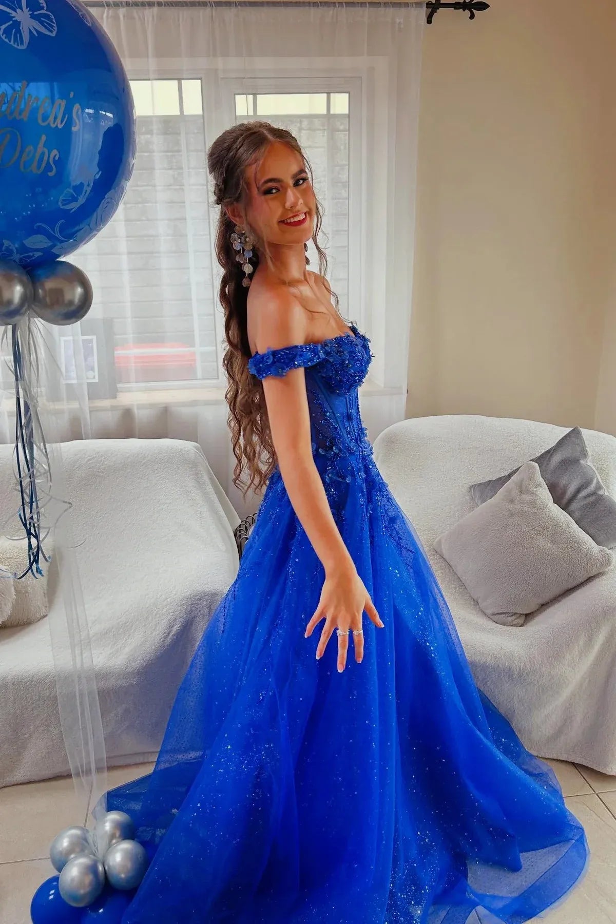 Sophisticated A-line Off-the-Shoulder Sleeveless Tulle Lace Up Floor-Length Prom Dress