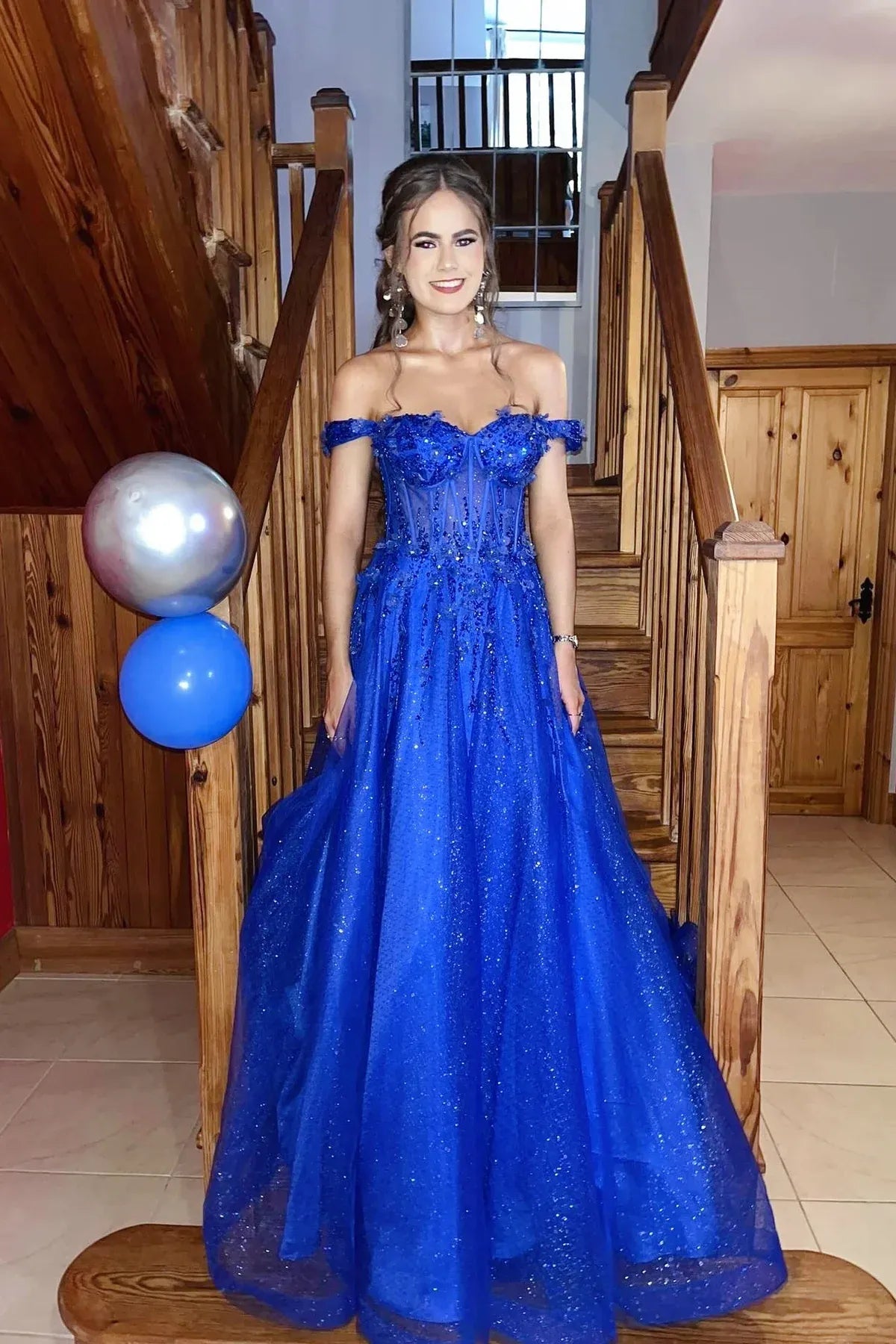 Sophisticated A-line Off-the-Shoulder Sleeveless Tulle Lace Up Floor-Length Prom Dress