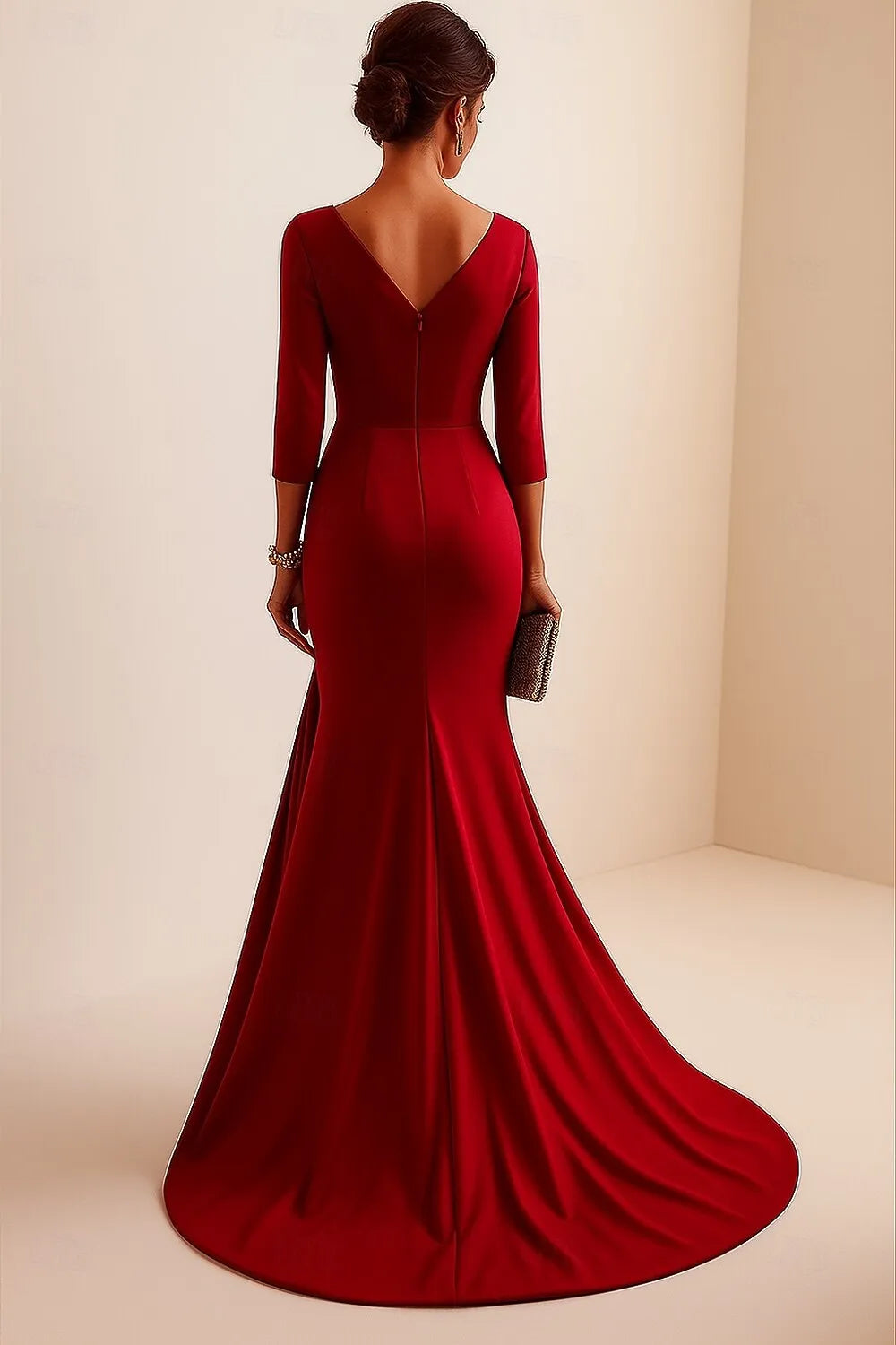 Sophisticated Mermaid V-Neck 3/4 Sleeve Ruched Red Train Prom Dress For Sale