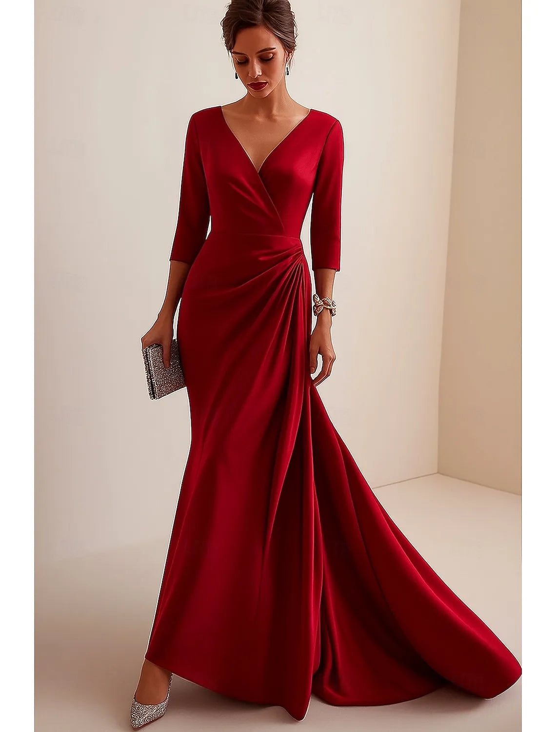 Sophisticated Mermaid V-Neck 3/4 Sleeve Ruched Red Train Prom Dress For Sale