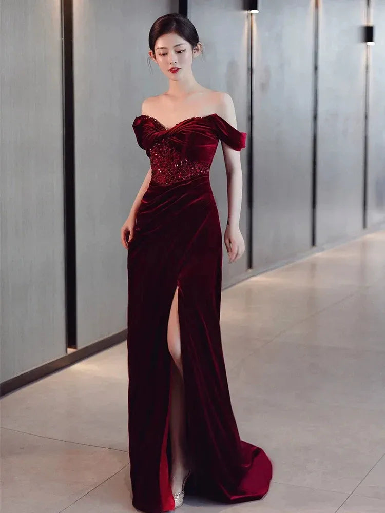 Sparkle Mermaid/Trumpet Off the Shoulder Sleeveless Velvet Slit Floor-Length Prom Dress
