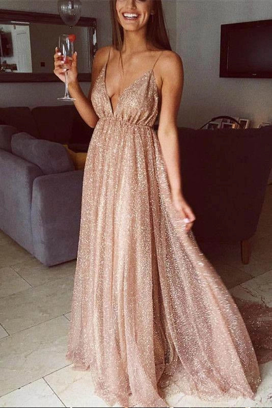 Sparkle & Shine A-Line Spaghetti Strap Sleeveless Backless Floor-Length Prom Dress