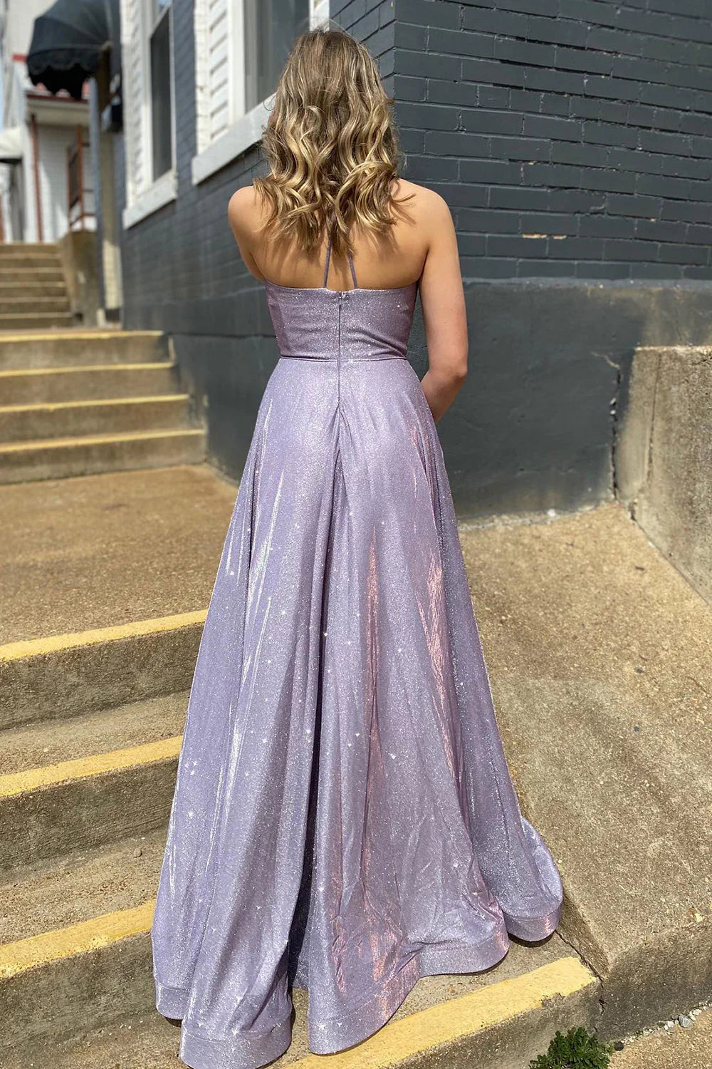 Sparkling A-Line Spaghetti Strap Pocketed Lavender Floor-Length Prom Dress