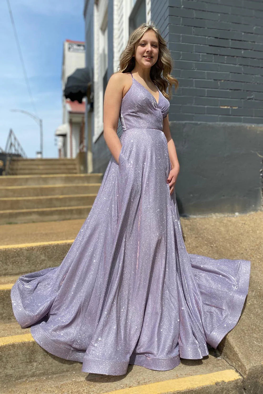 Sparkling A-Line Spaghetti Strap Pocketed Lavender Floor-Length Prom Dress
