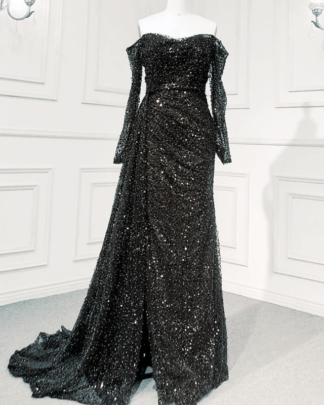 Mermaid Sequins Beaded Off Shoulder Long Sleeve Dress Prom Dresses