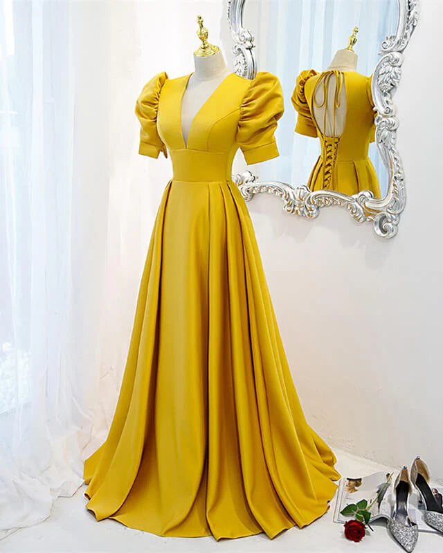 Mustard Satin Backless Dress With Sleeves Prom Dresses