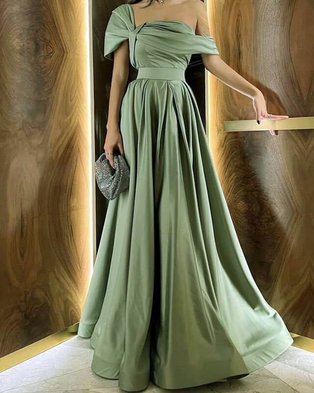 A-line Satin Asymmetrical Neckline Prom Dresses