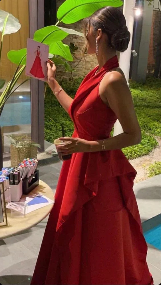 Stylish A-Line Halter Neck Sleeveless Pleated Satin Floor-Length Party Dress