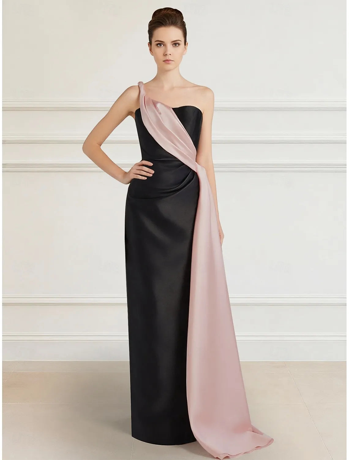 Stylish Sheath One-Shoulder Draped Two-Tone Satin Black Pink Maxi Prom Dress