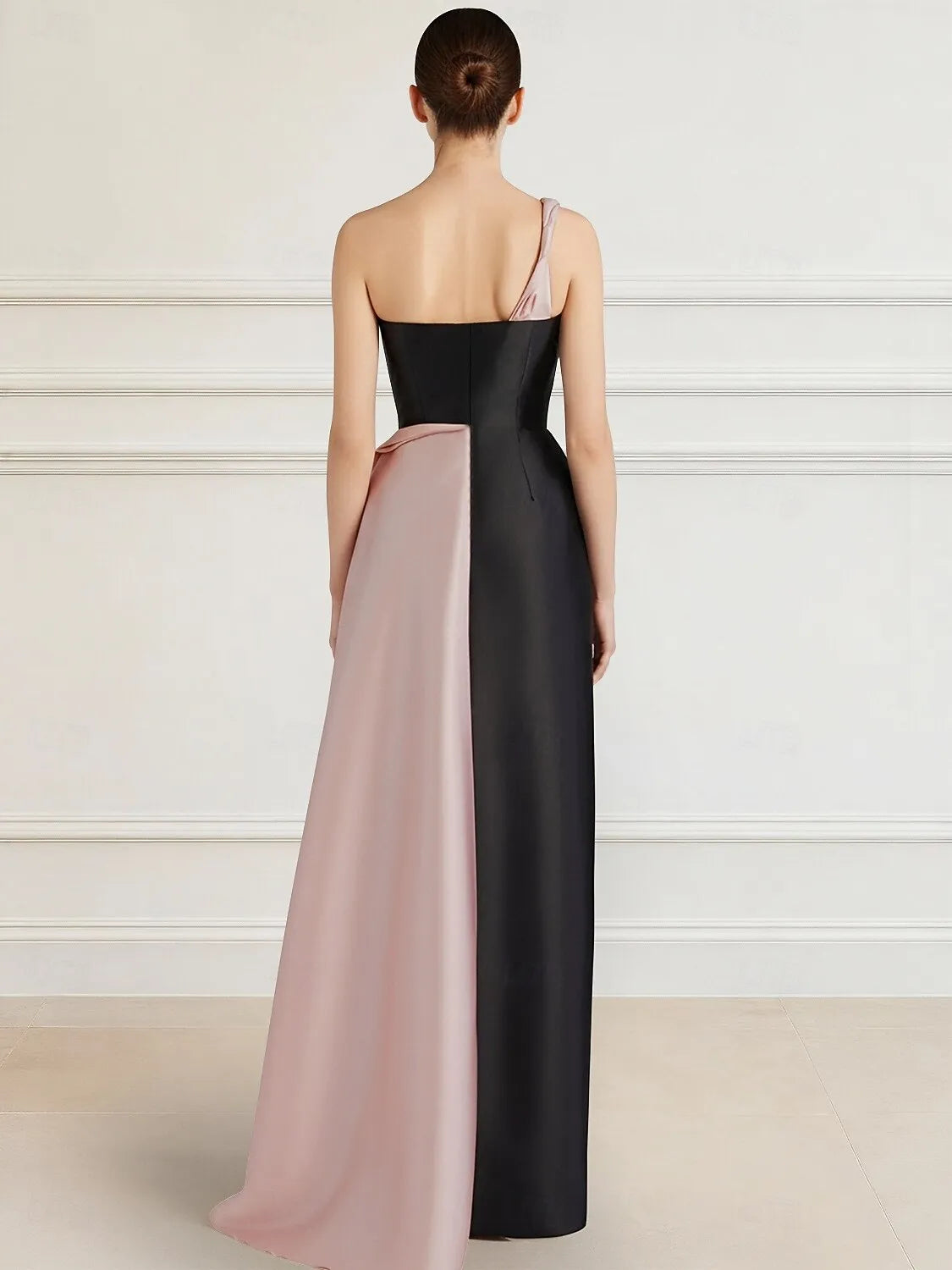 Stylish Sheath One-Shoulder Draped Two-Tone Satin Black Pink Maxi Prom Dress