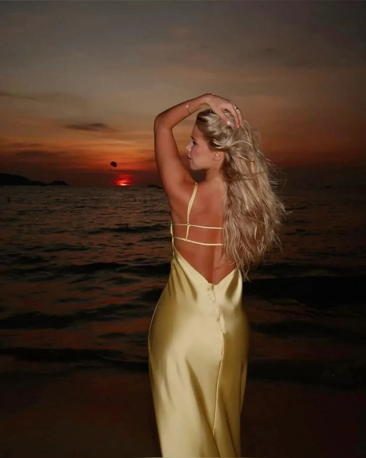 Sunlit Mermaid V-Neck Open-Back Buttercup Yellow Satin Long Party Dresses