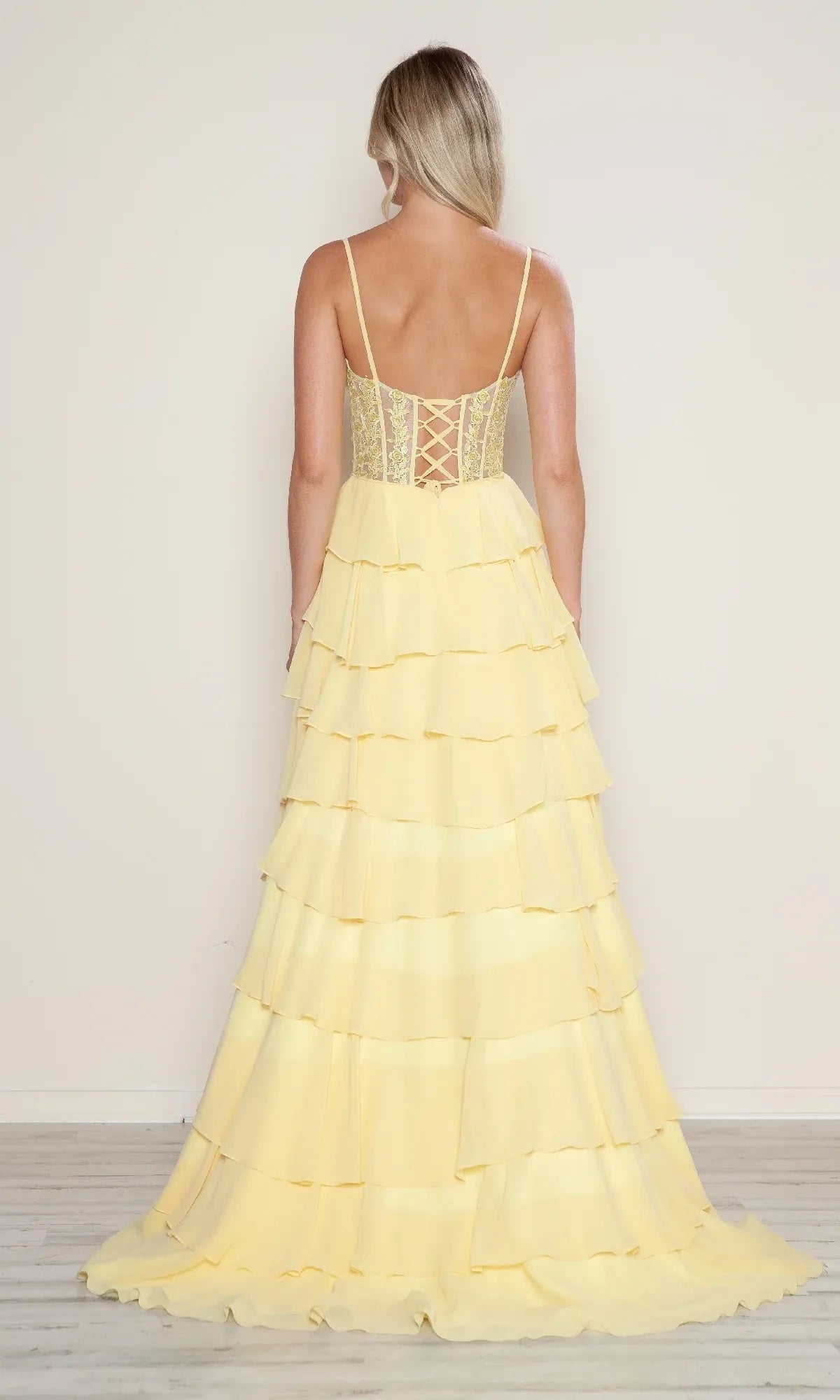 Sunny A-Line Sweetheart Spaghetti Strap Applique Tiered Chiffon Yellow Maxi Prom Dress