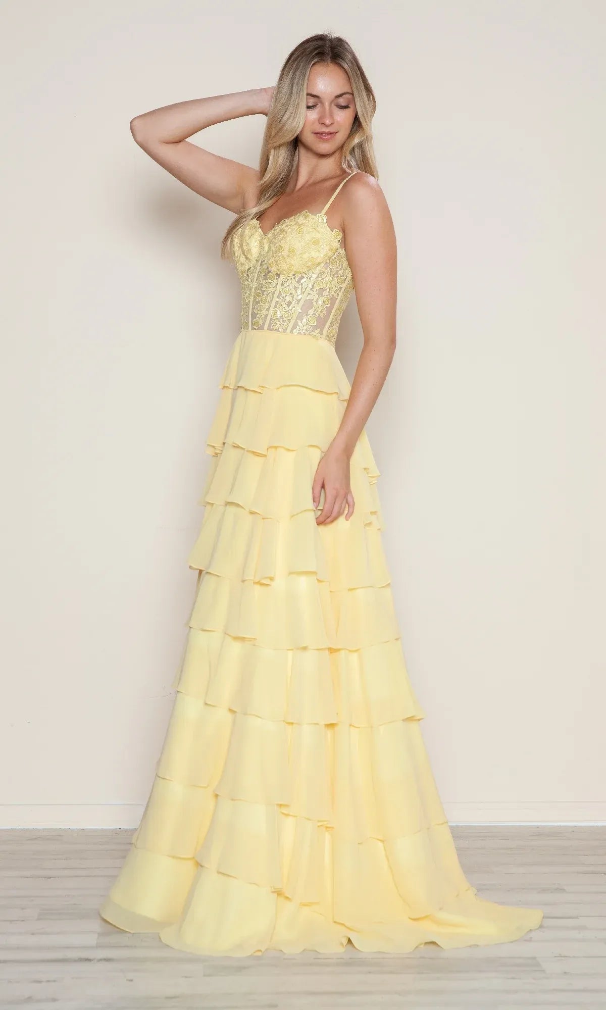 Sunny A-Line Sweetheart Spaghetti Strap Applique Tiered Chiffon Yellow Maxi Prom Dress