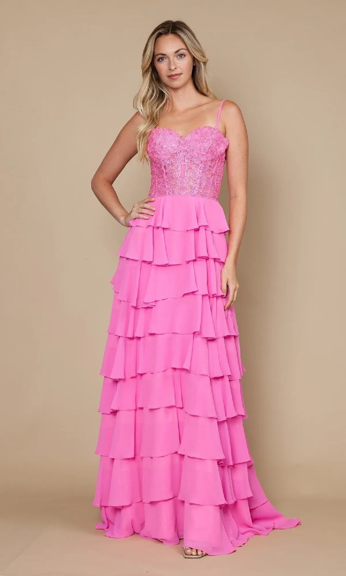 Sunny A-Line Sweetheart Spaghetti Strap Applique Tiered Chiffon Yellow Maxi Prom Dress