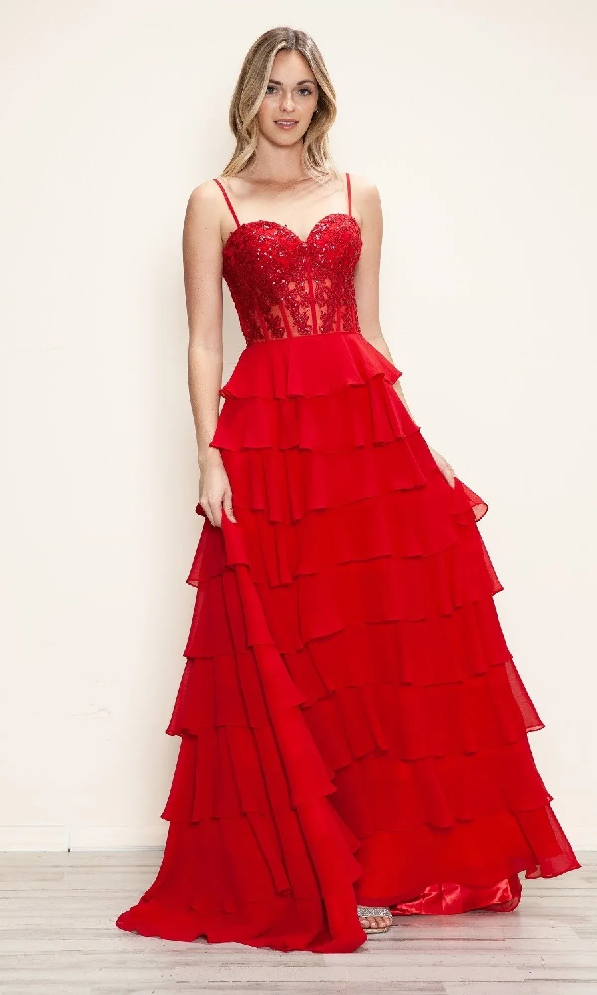 Sunny A-Line Sweetheart Spaghetti Strap Applique Tiered Chiffon Yellow Maxi Prom Dress