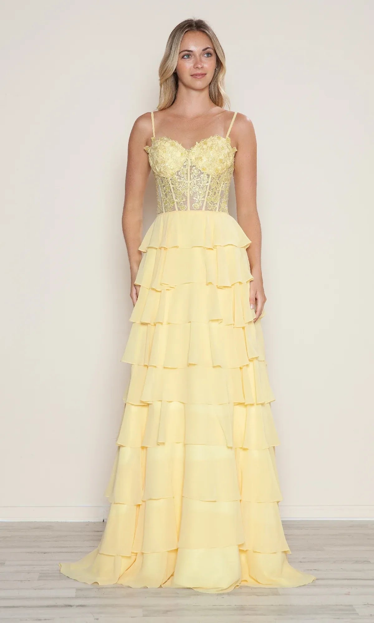 Sunny A-Line Sweetheart Spaghetti Strap Applique Tiered Chiffon Yellow Maxi Prom Dress