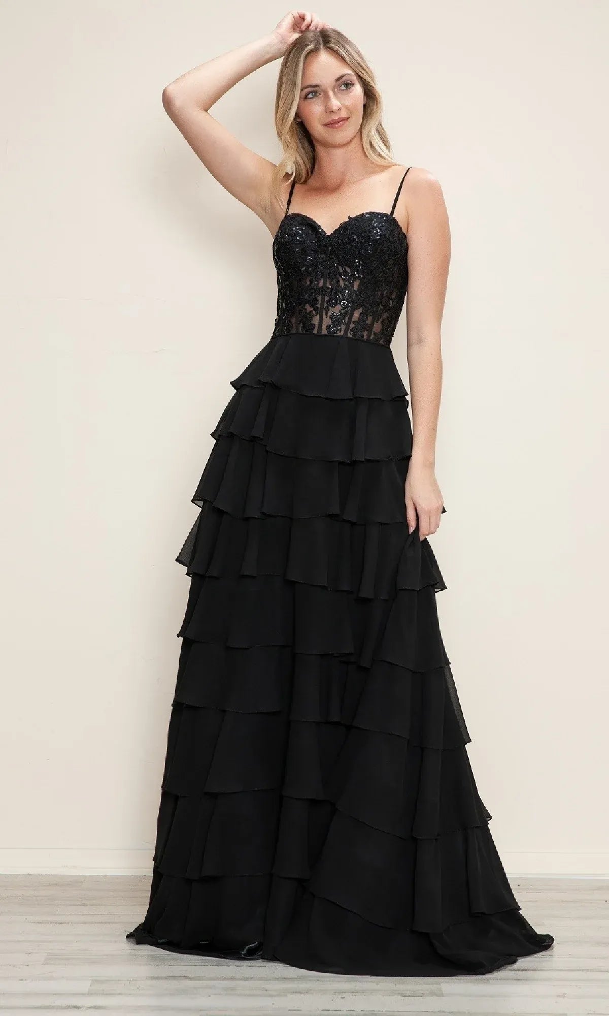 Sunny A-Line Sweetheart Spaghetti Strap Applique Tiered Chiffon Yellow Maxi Prom Dress