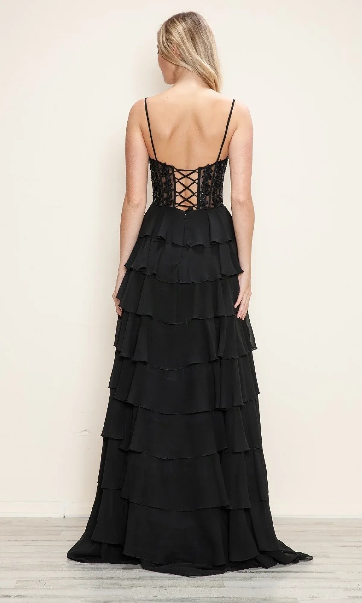 Sunny A-Line Sweetheart Spaghetti Strap Applique Tiered Chiffon Yellow Maxi Prom Dress