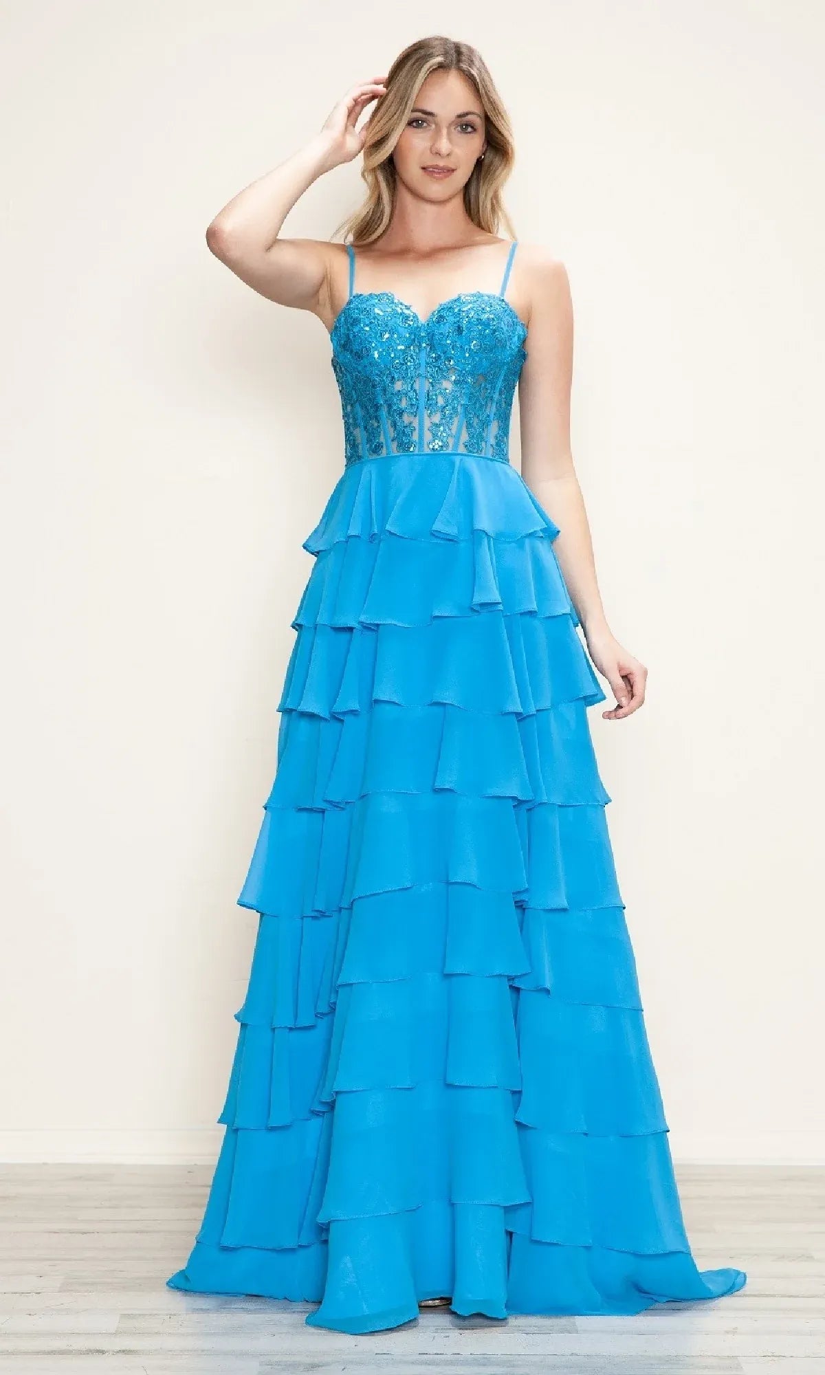 Sunny A-Line Sweetheart Spaghetti Strap Applique Tiered Chiffon Yellow Maxi Prom Dress