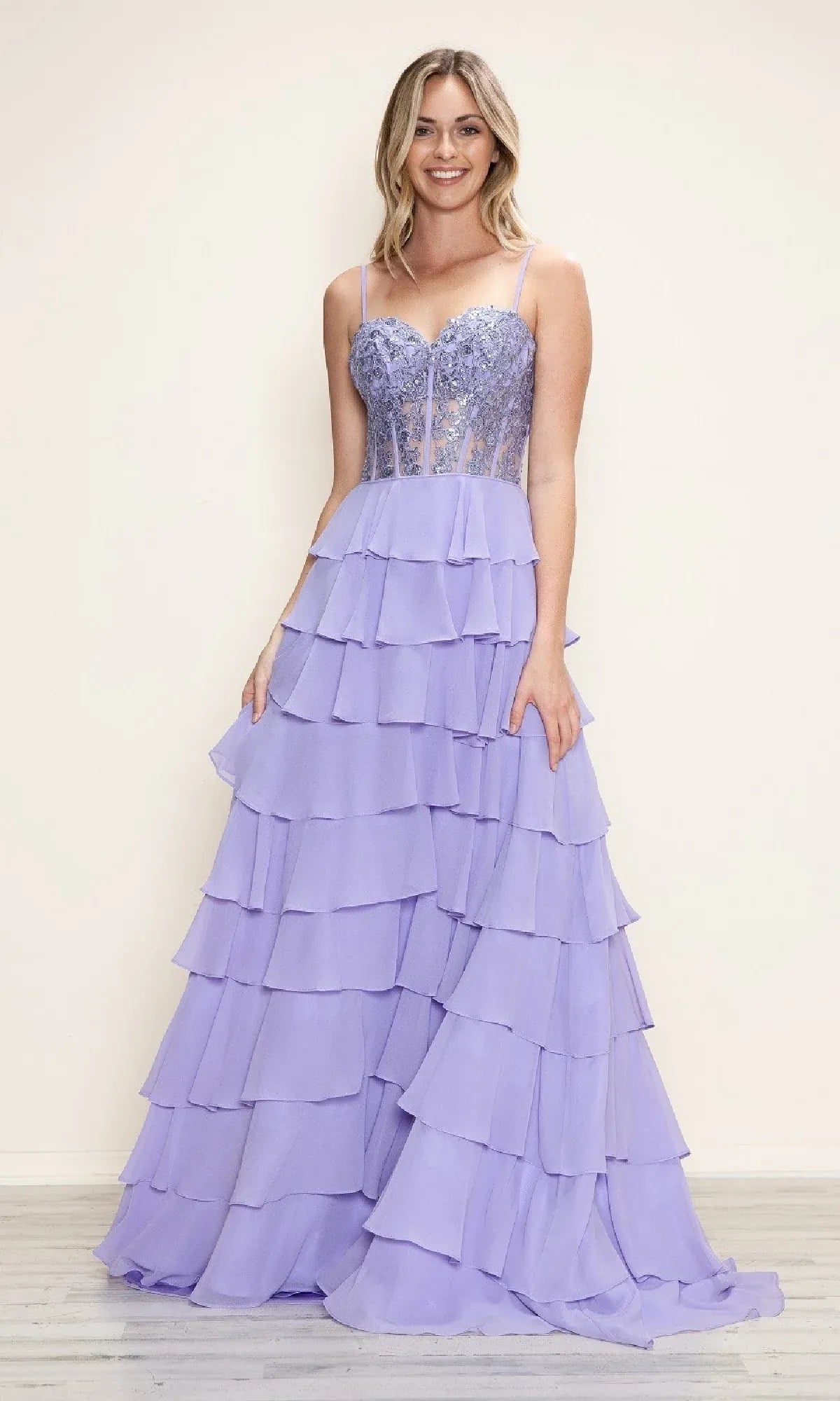 Sunny A-Line Sweetheart Spaghetti Strap Applique Tiered Chiffon Yellow Maxi Prom Dress