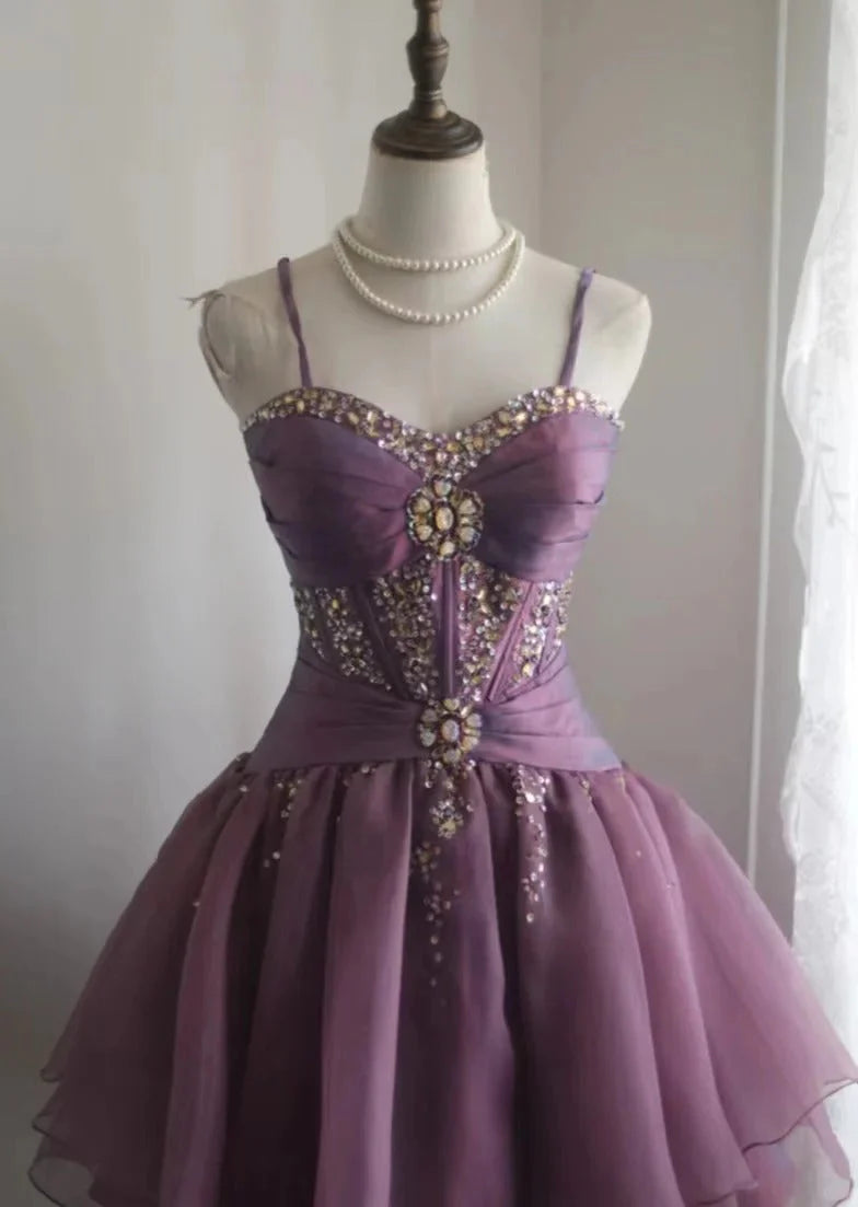 Sweet A Line Spaghetti Straps Sleeveless Zipper Up Short-Mini Homecoming Dress