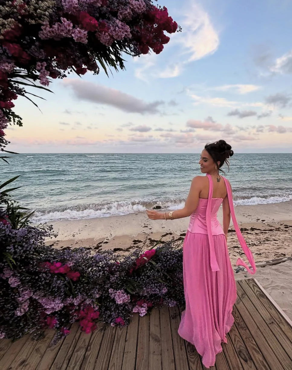 Elegant A-Line Halter Flowy Pink Floor-Length Prom Dress