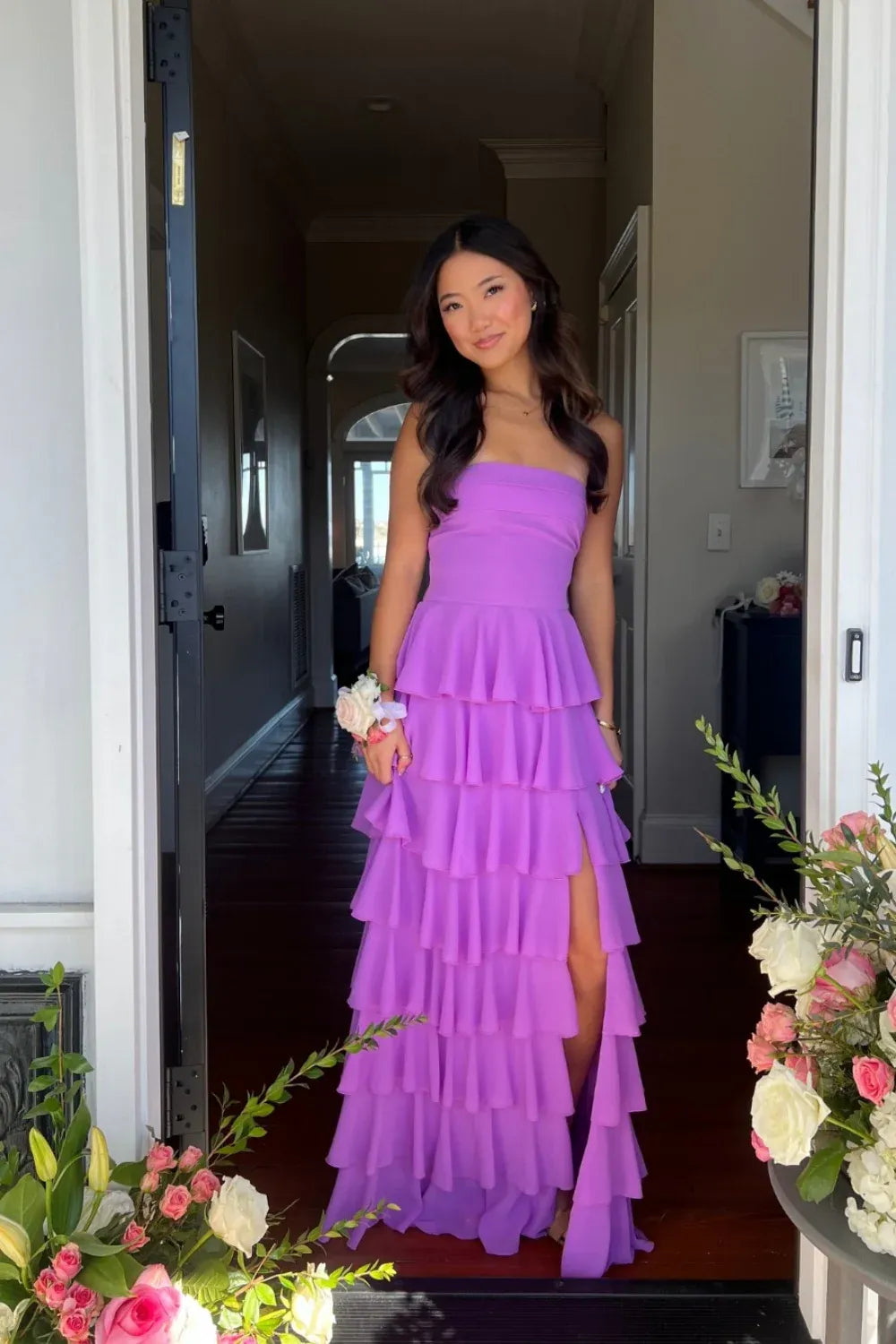 Trendy A-line Strapless Sleeveless Slit Chiffon Floor-Length Prom Dress