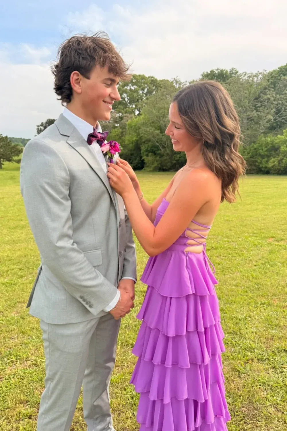 Trendy A-line Strapless Sleeveless Slit Chiffon Floor-Length Prom Dress