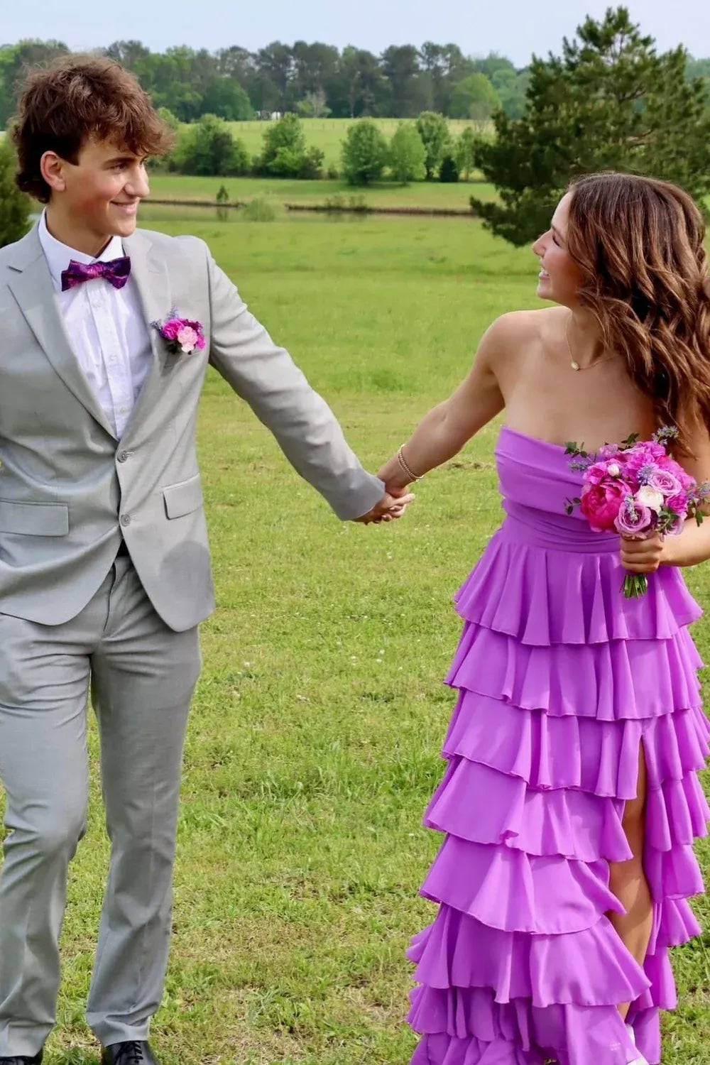 Trendy A-line Strapless Sleeveless Slit Chiffon Floor-Length Prom Dress