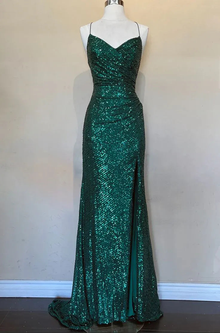 Trendy Mermaid/Trumpet Off the Shoulder Sleeveless Sequins Slit Floor-Length Prom Dress
