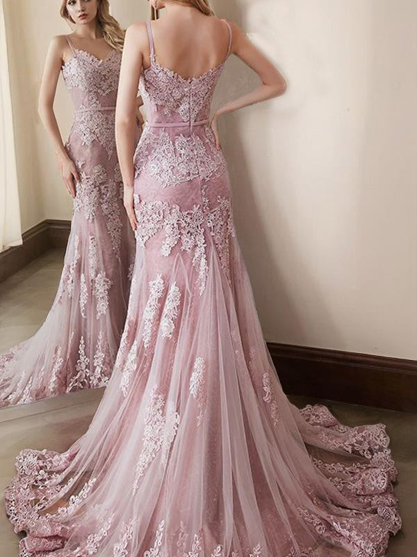 Trumpet/Mermaid Spaghetti Straps Sweep Train Lace Evening Dresses With Appliques Lace Prom Dress